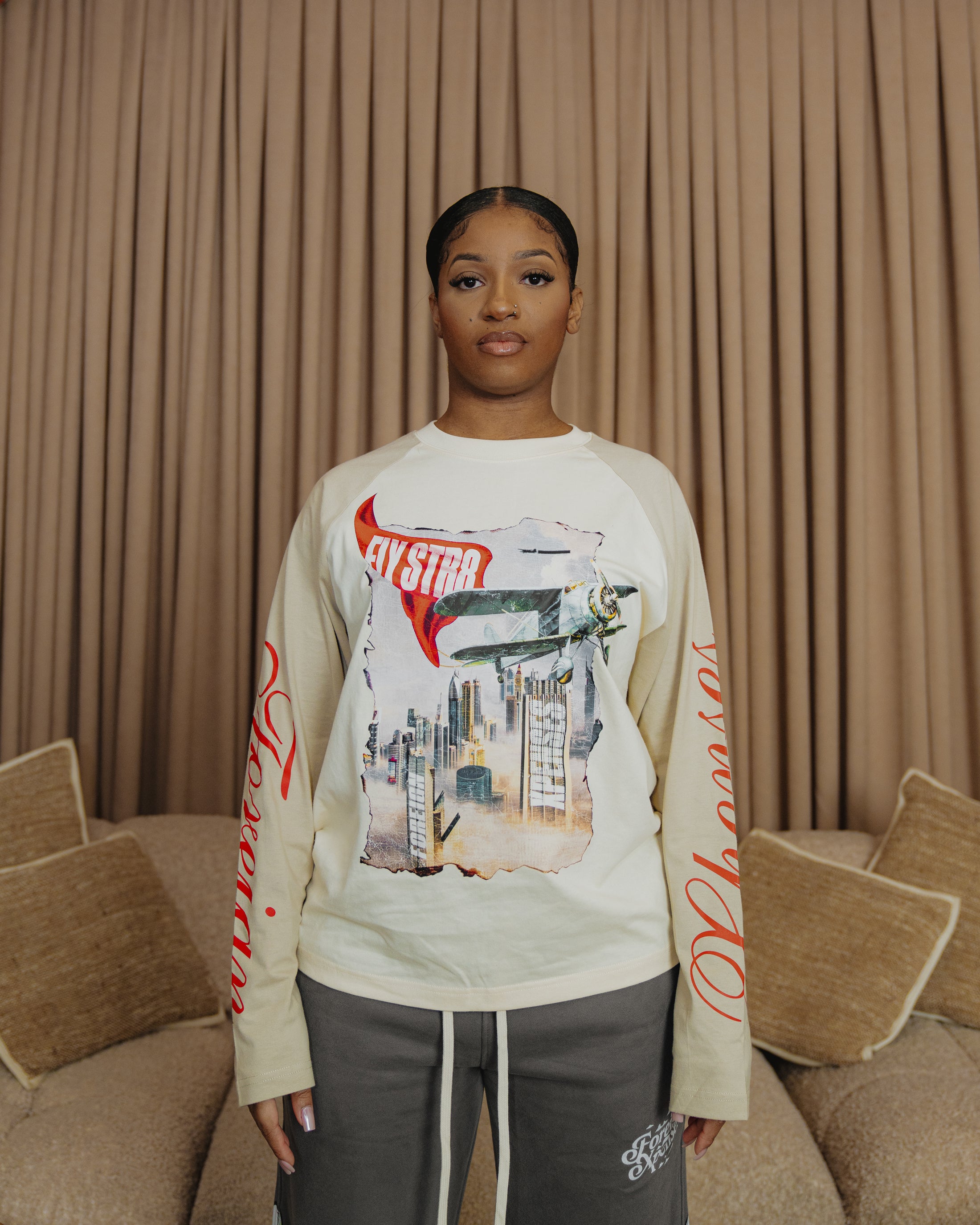 Beige x Red Flystr8 Long Sleeve Tee